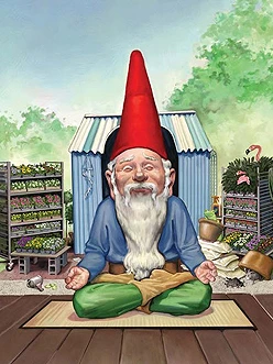 A garden gnome wearing a red hat, green pants and a blue top sitting in a traditional yoga pose