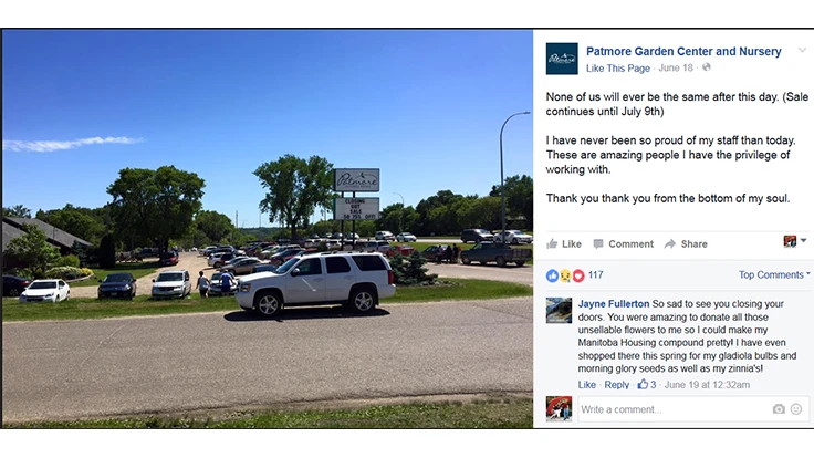 Social media post about Patmore Garden Center and Nursery closing.