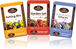 yellow potting mix bag, red garden soil bag and blue potting mix bag