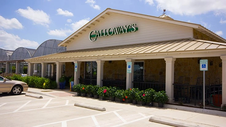 The front of a brick building with white columns and a sign that reads Calloway's.