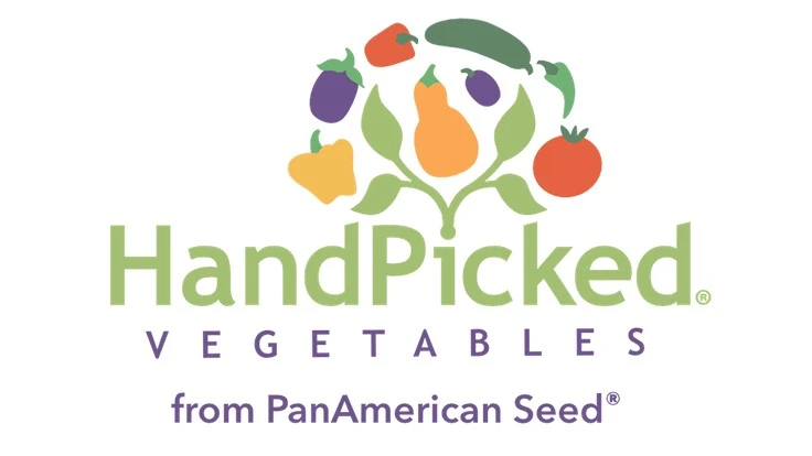 A logo reads HandPicked Vegetables from PanAmerican Seed in green and purple letters. Graphics of orange squash, red tomato, green cucumber, purple eggplant and red, yellow and green peppers are above the text.