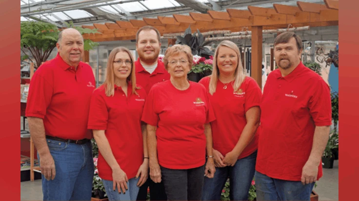  From left to right: Ron Wagner (VP Production), Laura Wagner (Wholesale Marketing), Nick Wagner (Assistant Production Coordinator), Nola Wagner (CEO), Julie Wagner (Garden Center Manager), Scott Wagner (VP Facilities).