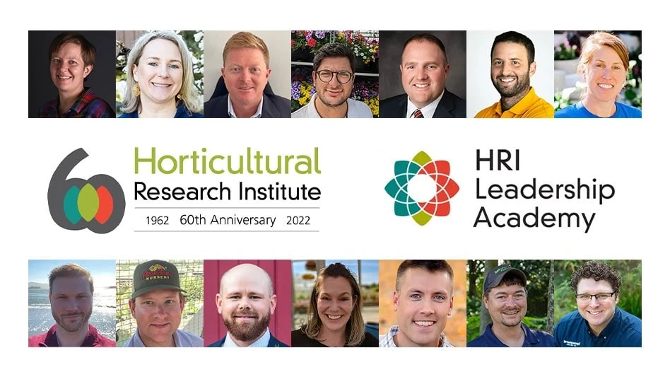 Headshot photos of 14 people and two logos: one says Horticultural Research Institute 60th Anniversary 1962-2022, with a gray "60" logo with blue, green and orange, and the other says HRI Leadership Academy, with a stylized flower logo that is also blue, green and orange.