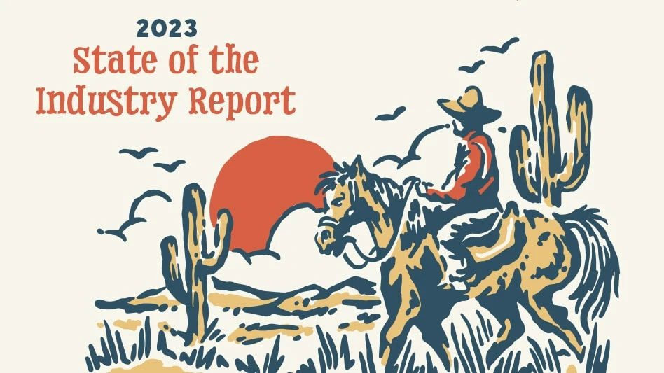 A graphic reads 2023 State of the Industry report with a cowboy on a horse looking toward a sunset with cacti and mountains in the background. The color scheme is tan, orange and navy blue.