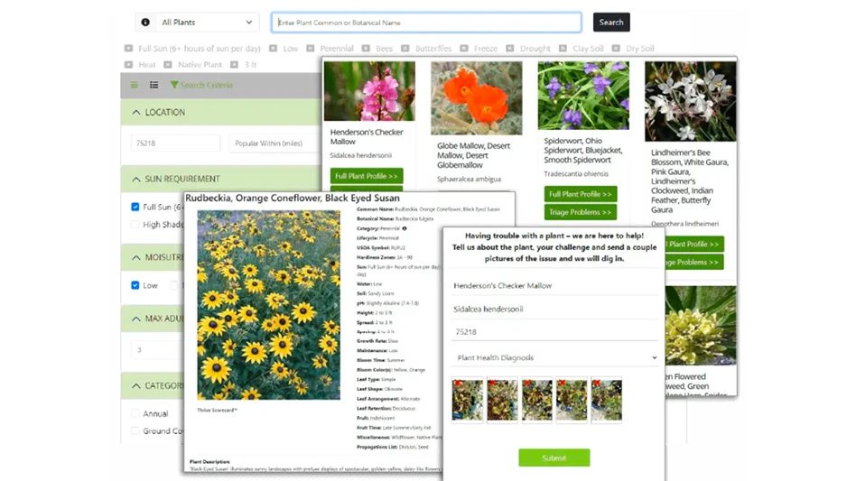 A screenshot shows a website search of multiple plants and descriptions.