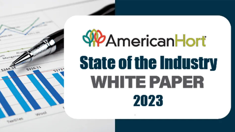A white box with text inside reads AmericanHort State of the Industry Whitepaper 2023. In the background is a photo of a pen sitting on top of a chart.