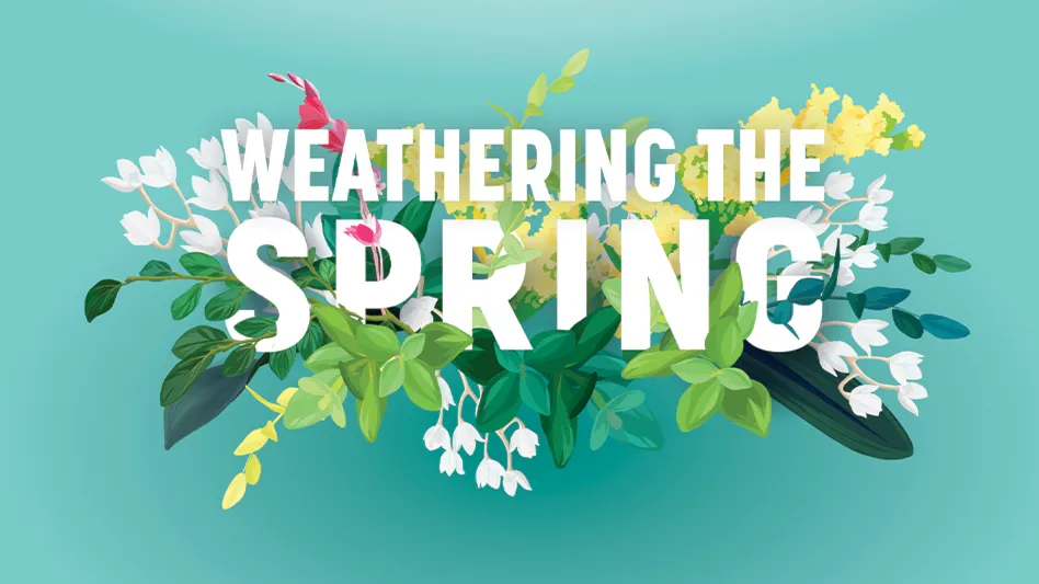 A graphic reads Weathering the Spring in white capital letters surrounded by flowers. The whole thing is on an aqua-colored background.
