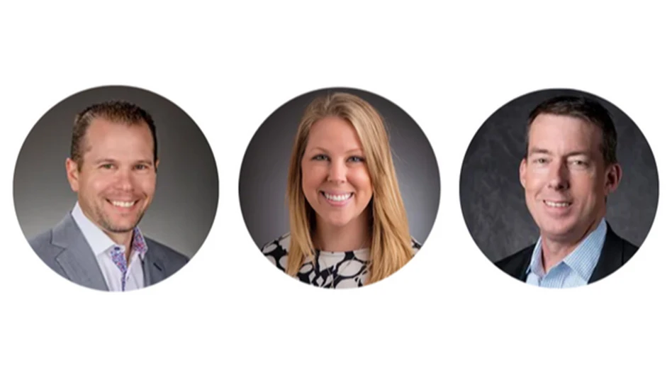 Three circle-shaped photos show headshots of three people. The person on the far left is a smiling man with short dark hair wearing a gray suit jacket and light-colored dress shirt underneath. The person in the middle is a smiling blonde woman wearing a black and white top. The person on the far right is a smiling man with dark hair wearing a black suit jacket and light blue dress shirt underneath.