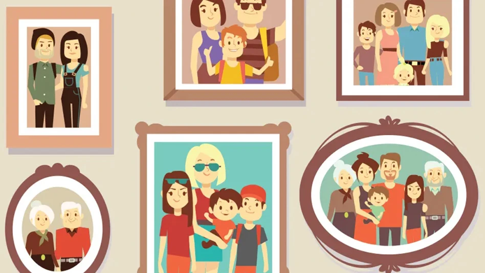 A graphic shows an array of framed family photos.