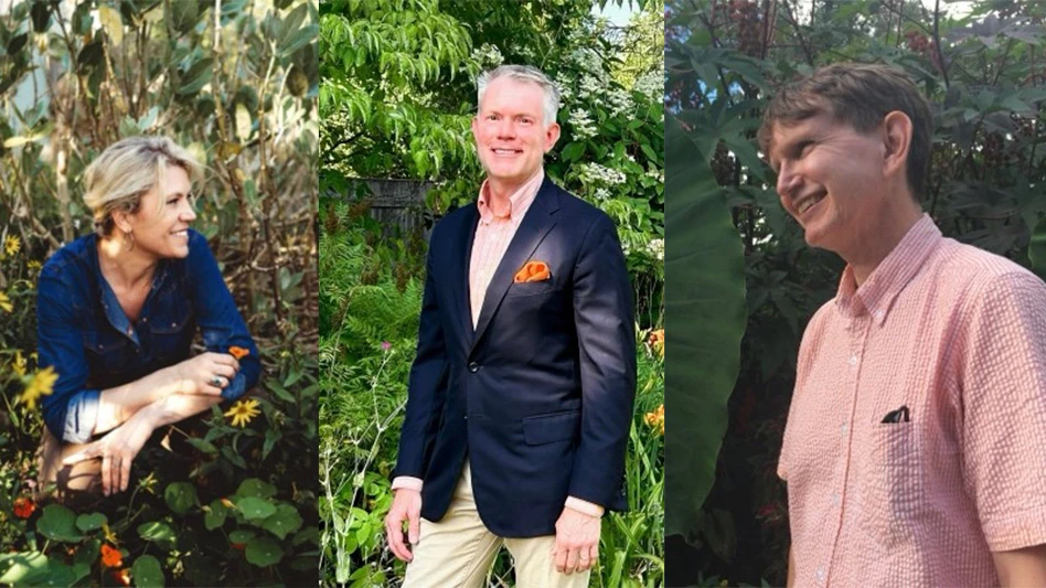 Three portrait photos in a row. In the first, a smiling woman with her blonde hair up wearing a blue denim shirt and brown pants looks to the side as she kneels in a field surrounded by plants as she holds a small orange flower in her right hand. In the second, a smiling man with short gray hair poses for a photo in front of trees. He wears a navy blue suit jacket, light orange dress shirt, dark orange pocket square and ascot and khakis. In the third, a smiling man in a pink short-sleeve dress shirt with short brown hair looks off camera. There are green plants in the background.