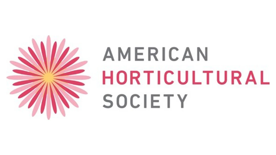 A logo with gray and pink text on a white background reads American Horticultural Society. A flower with dark pink and light pink petals and a yellow center is to the left of the text.
