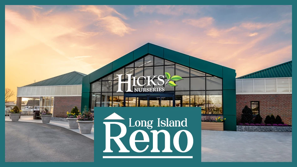A garden center storefront made of green and clear glass, with six large stone planters in front. A store signs reads Hicks Nurseries in large white letters above the sliding doors. A rectangular logo with white text and a teal background at the bottom of the image reads Long Island Reno.
