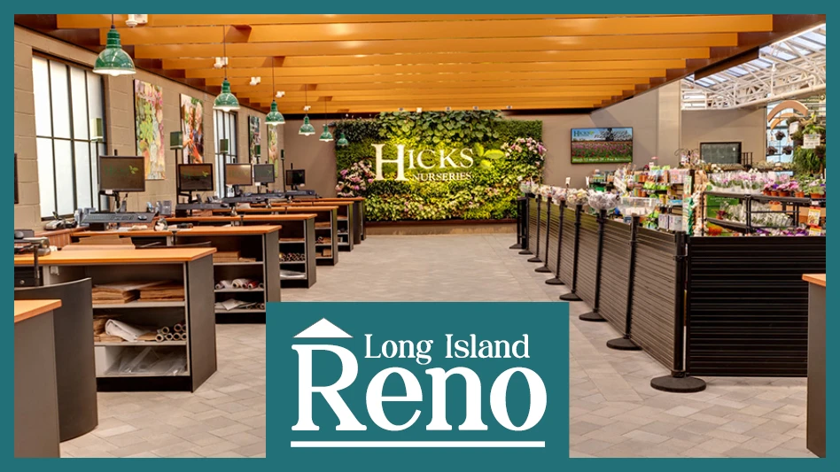 A checkout area of a store, with dark brown counters with lighter brown tops and black computers on the countertops. A rectangular logo with white text and a teal background at the bottom of the image reads Long Island Reno.