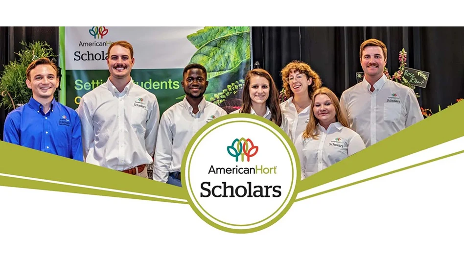 Seven people, six wearing white dress shirts and one wearing a blue dress shirt, smile in front of a sign that reads AmericanHort Scholars. On top of the photo at the bottom of the image is a white and green graphic with a circular logo that reads AmericanHort Scholars.