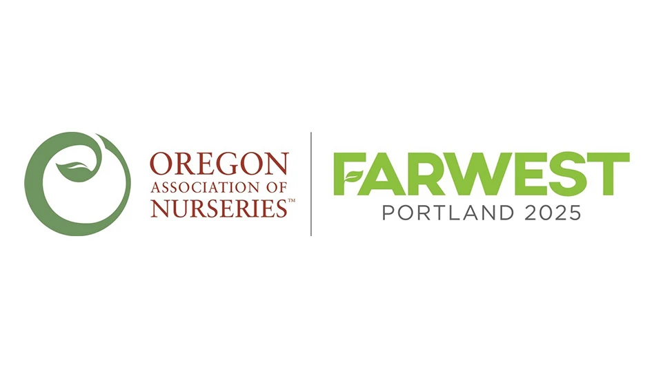 Two side by side logos. On the left is a logo with maroon capital letters reading Oregon Association of Nurseries, with a green O with a leaf to the left of the text. On the right is a logo with green and black capital letters reading Farwest Portland 2025. Both logos are on a white background.
