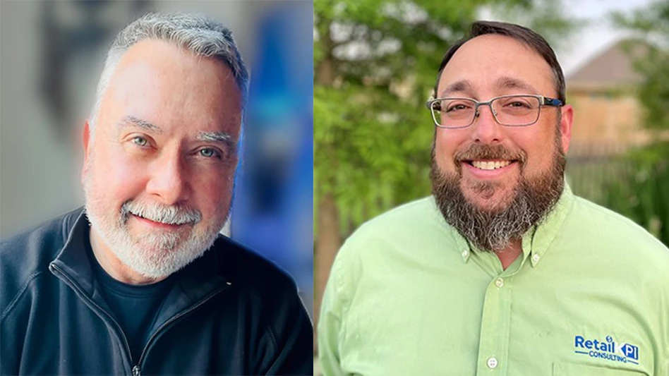 Individual photos of two smiling men. On the left is a man with short silver hair and a short silver beard wearing a black quarter-zip and black shirt underneath. The man on the right has short brown hair and a brown beard and wears glasses and a light green button-up dress shirt with a blue logo over the pocket that reads Retail KPI Consulting.
