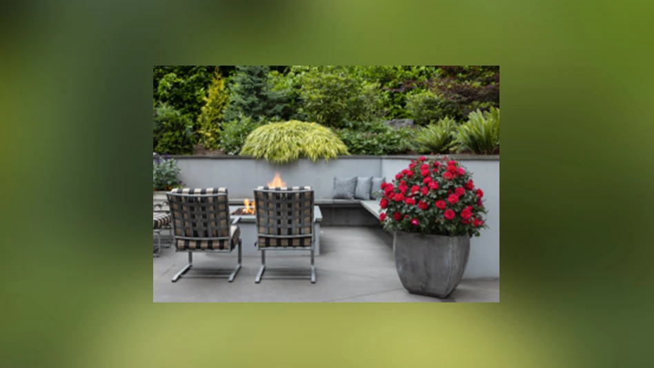 Two brown chairs in front of a fire pit on a gray patio. A large gray planter fill of pink flowers is next to the chairs, with green plants behind the fire.