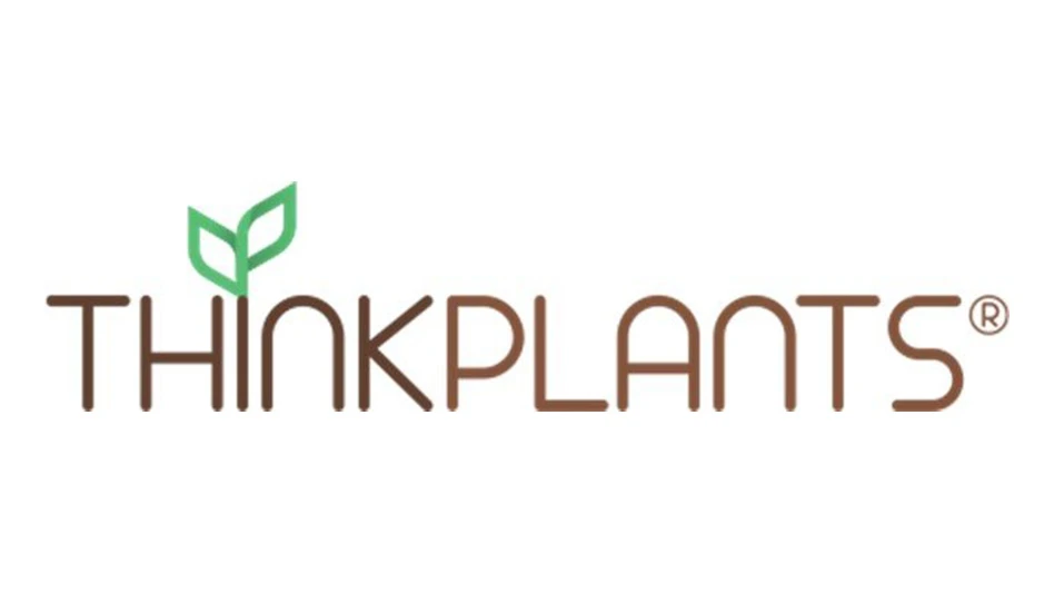A logo on a white background with brown capital letters reads ThinkPlants. Above the I are two green leaves.