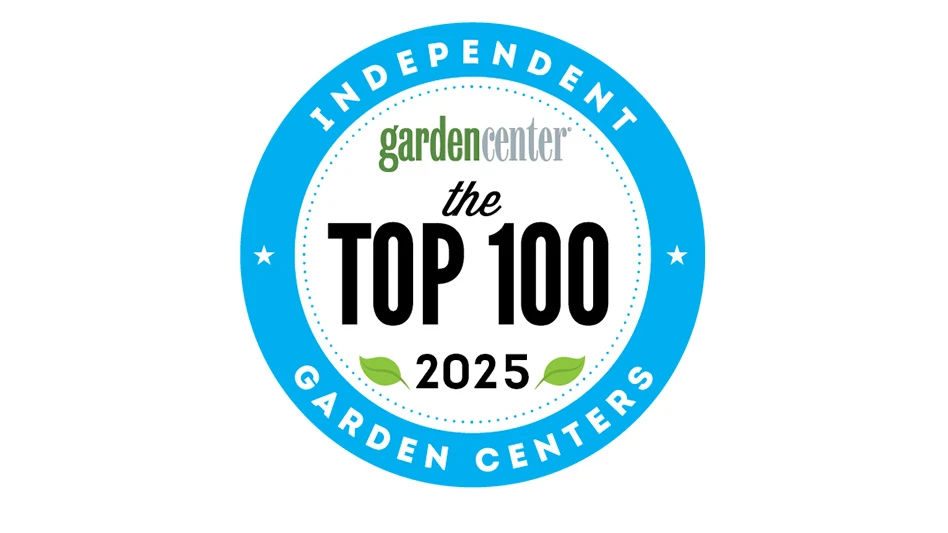 A blue circular logo with black and white text on a white background reads Garden Center The Top 100 2025 Independent Garden Centers.
