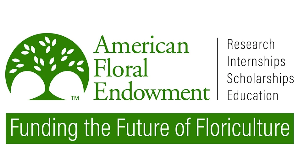 A logo with green, white and black text on a white and green background reads American Floral Endowment, Research Internships Scholarships Education, Funding the Future of Floriculture. To the left of the text is a graphic of a green tree.