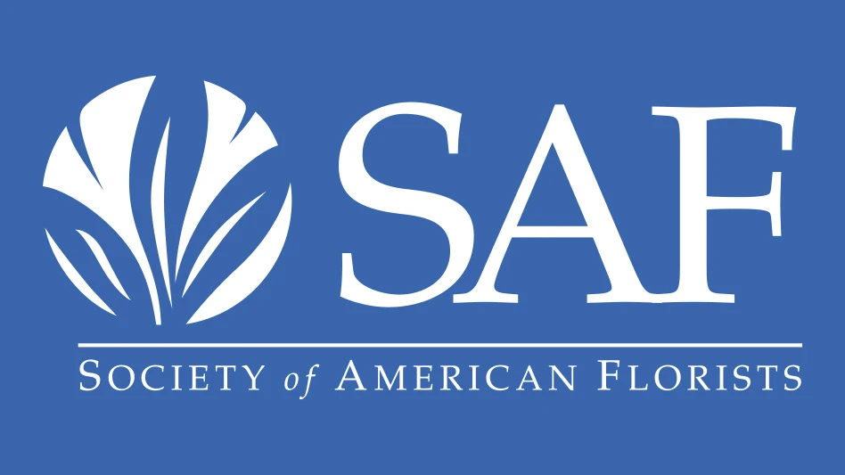 A graphic with white text on a blue background reads SAF Society of American Florists.