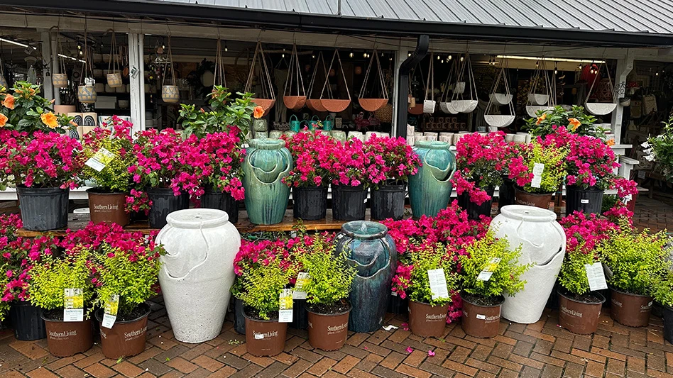 A display at a garden center with plants, flowers and pots.
