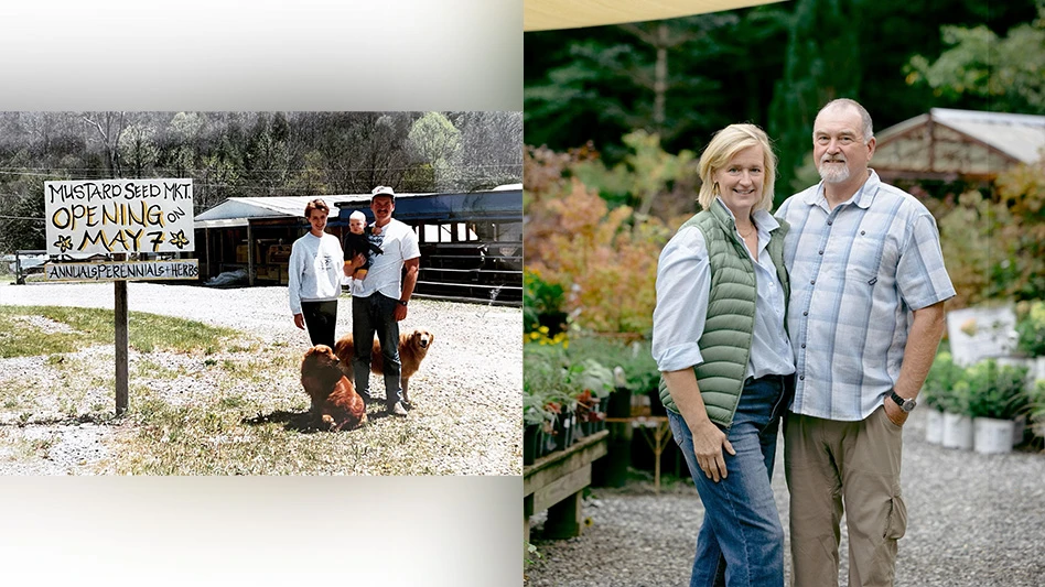 Family in front of garden center on left and husband and wife standing together on right.