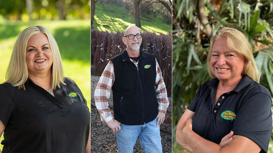 Three photos of two women and one man. All are employees at Dave Wilson Nursery.