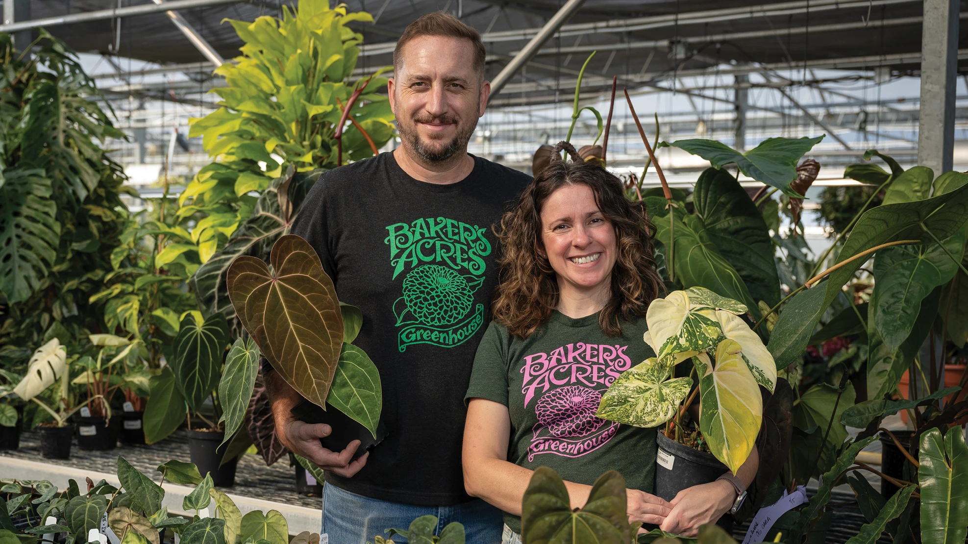 A smiling man and woman holding green houseplants while surrounded by more plants in a greenhouse.