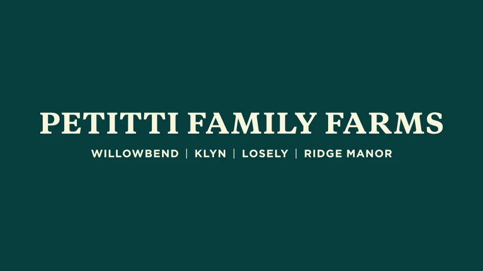 A graphic with cream text on a dark teal background reads Petitti Family Farms Willowbend Klyn Losely Ridge Manor.