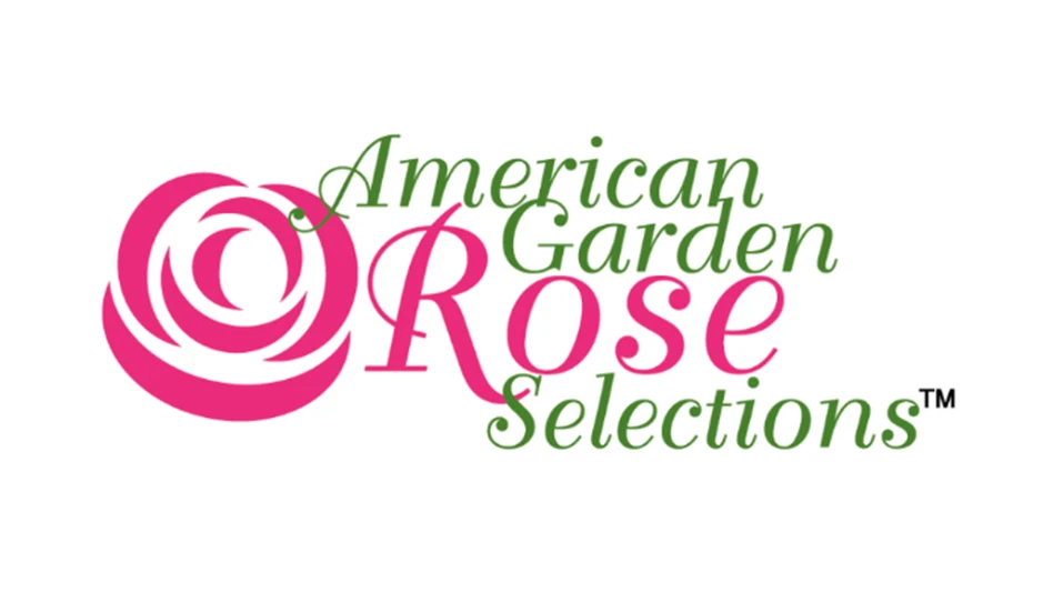 A logo with green and pink text on a white background reads American Garden Rose Selections. To the left of the text is a graphic of a pink rose.