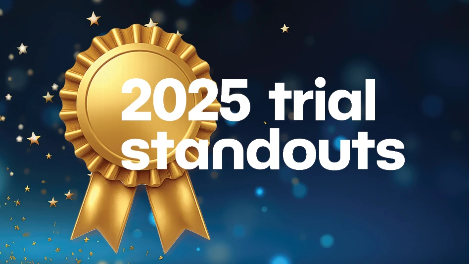 A graphic with white text on a blue background reading 2025 trial standouts, with a gold ribbon behind the text.
