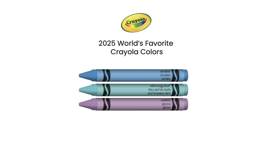 A graphic with black text on a white background reads 2025 World's Favorite Crayola Colors. Above the text is a yellow oval-shaped logo for Crayola. Below the text are three crayons, in sades of light blue, teal and light purple.