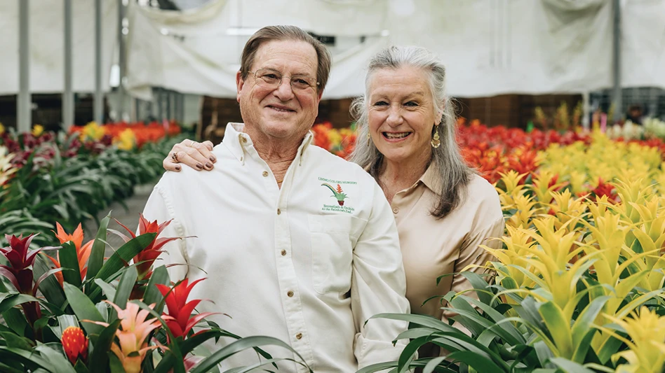 A man and woman standing side by side surrounded by yellow, red and orange bromeliads.