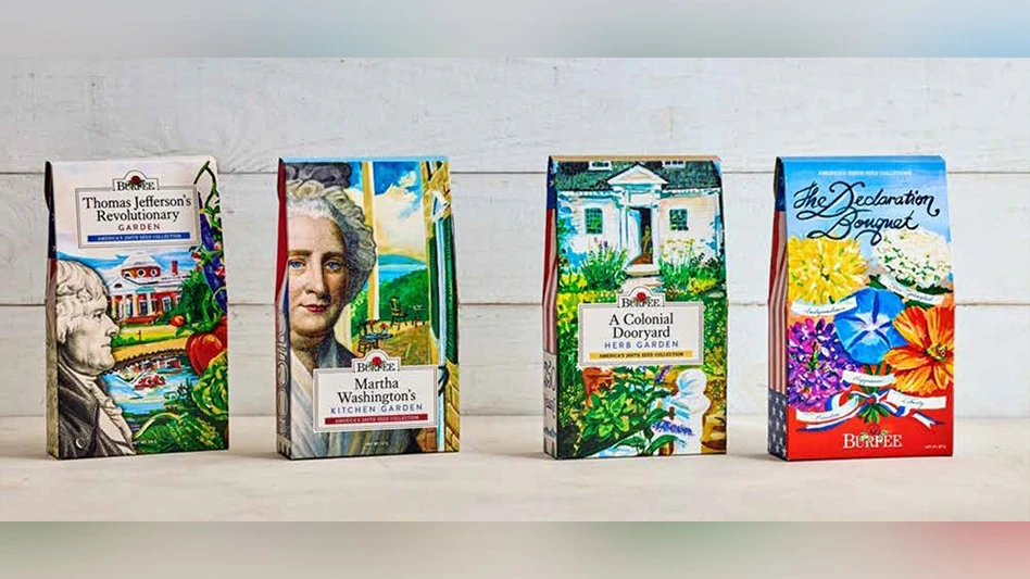 Four seed bags on a white wood background.