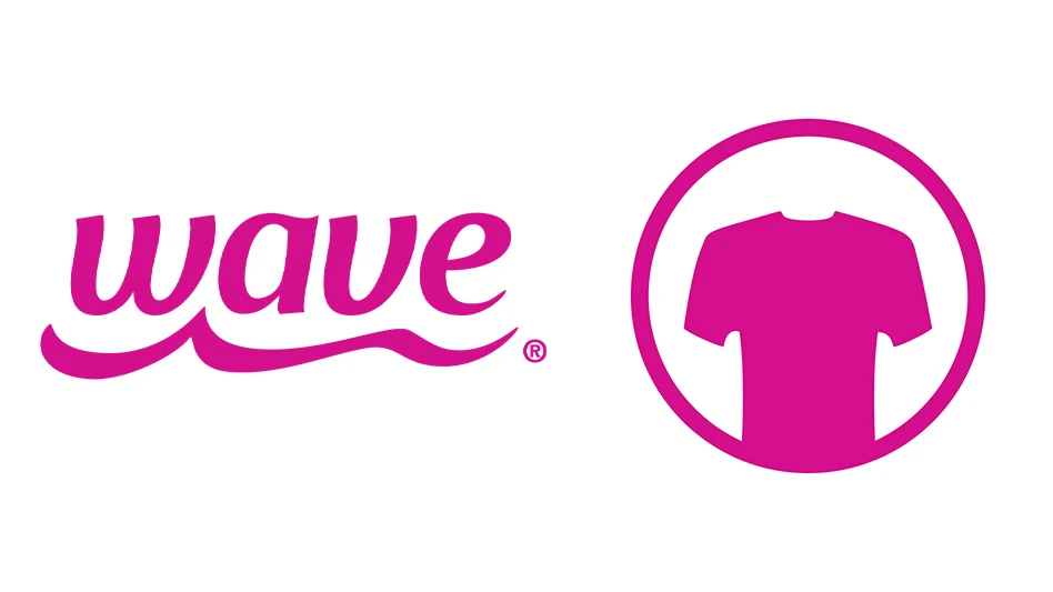 A pink Wave logo next to a pink shirt in a pink circle on a white background.