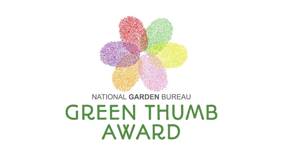 A graphic with gray and green text on a white background reading National Garden Bureau Green Thumb Award. Above the text is a graphic of a flower with six petals made out of fingerprints in red, green, yellow, pink, orange and purple.