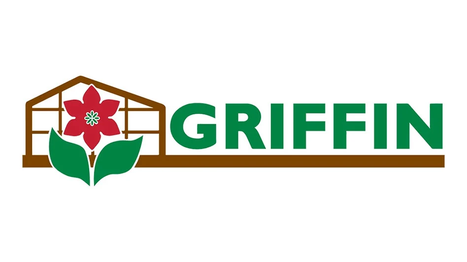Griffin logo: A red flower in front of a greenhouse is to the left of the word, GRIFFIN