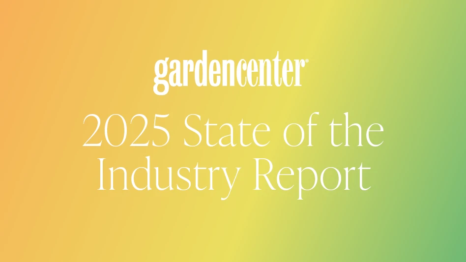 A graphic with white text on a gradient orange, yellow and green background reads Garden Center 2025 State of the Industry Report.