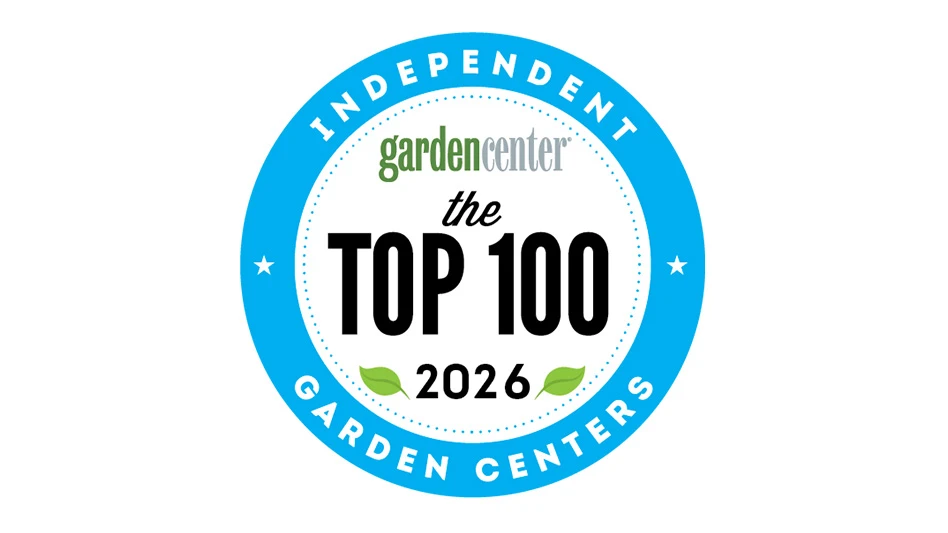 A graphic with white, black and green text on a blue and white background reads Garden Center The Top 100 2026 Independent Garden Centers.