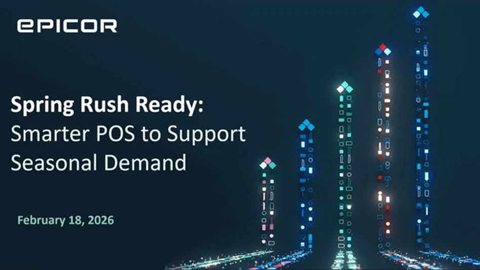 A graphic with white and light green text on a navy blue background, with five multi-colored glowing vertical arrows on the right. On the left, the text reads Epicor Spring Rush Ready: Smarter POS to Support Seasonal Demand February 18, 2026.
