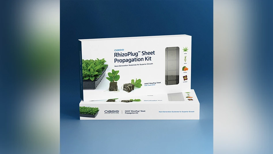 Two white rectangular boxes on a blue background. Blue text on the boxes reads Oasis RhizoPlug Sheet Propagation Kit