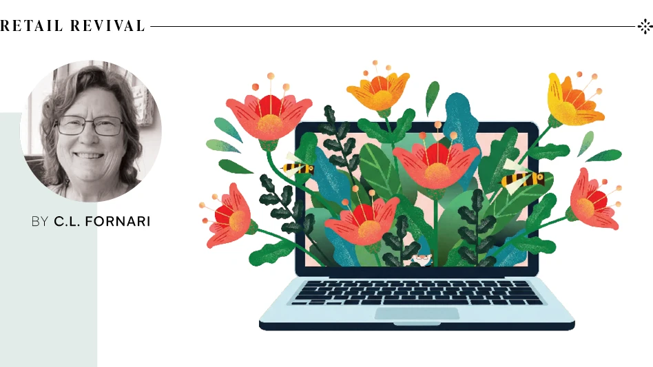 A graphic of flowers coming out of a laptop.