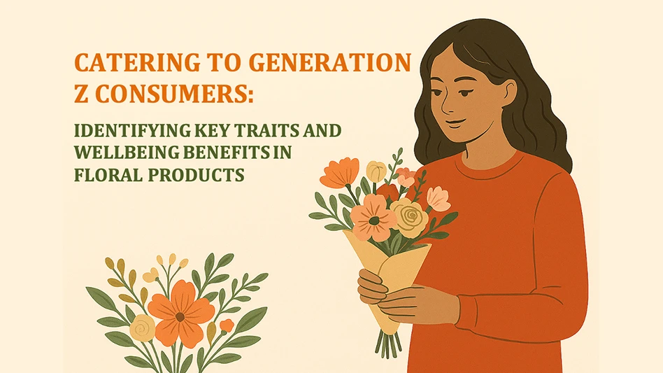 A graphic with orange and green text on a cream background reads Catering to Generation Z Consumers: Identifying Key Traits and Wellbeing Benefits in Floral Products. There's a graphic of a women with brown hair wearing an orange long-sleeved shirt holding a bouquet of orange flowers wrapped in yellow paper.