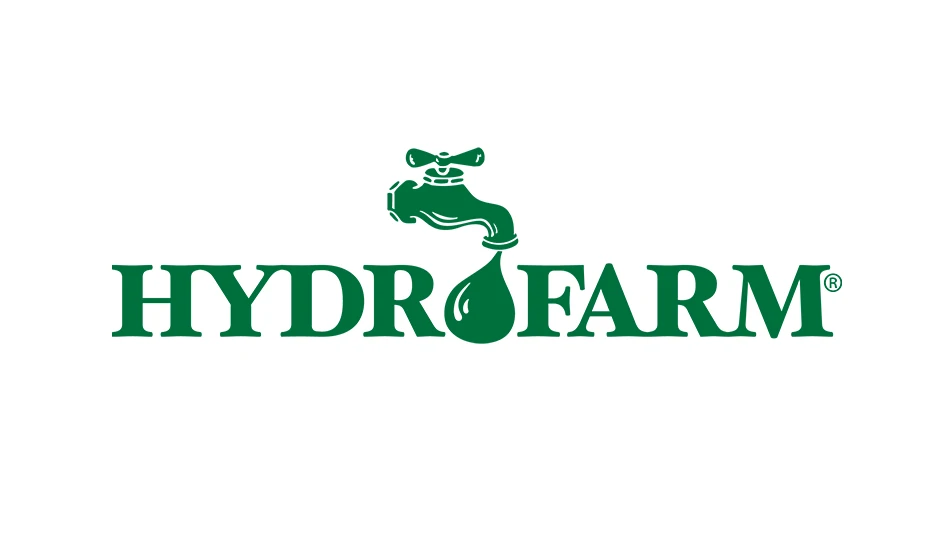 A logo with green text on a white background reading Hydrofarm. The O is a water droplet coming out of a faucet.