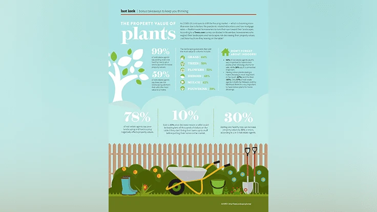 An infographic on how plants affect property value. The text is over a graphic design image of a blue sky with a brown picket fence and gardening tools.