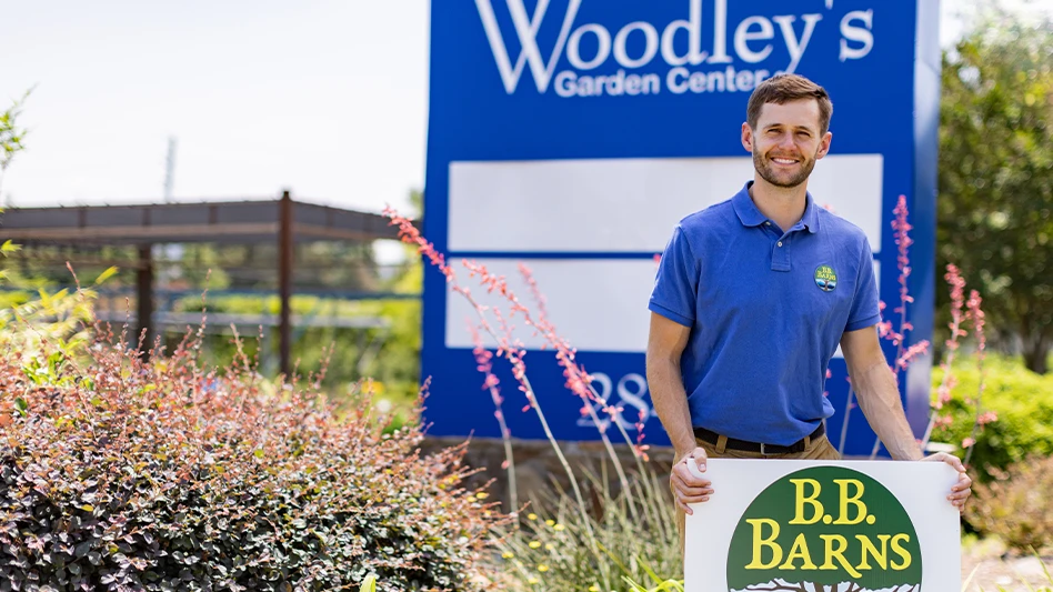 Woodley's Garden Center sign and B.B. Barns sign